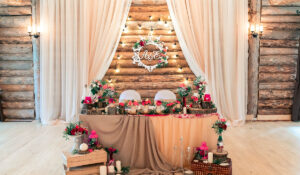 cranberry and peach colored themed wedding