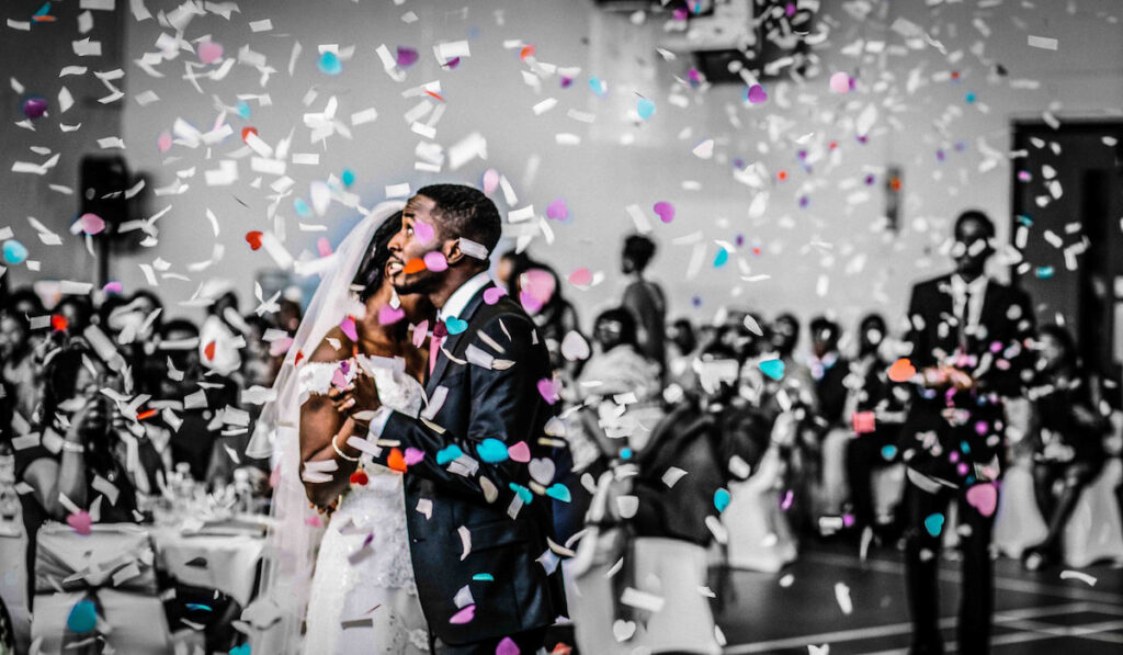 A wedding party with confetti!