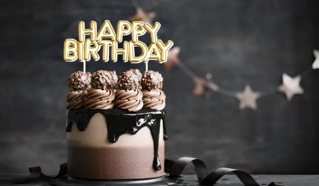Chocolate birthday cake with happy birthday banner
