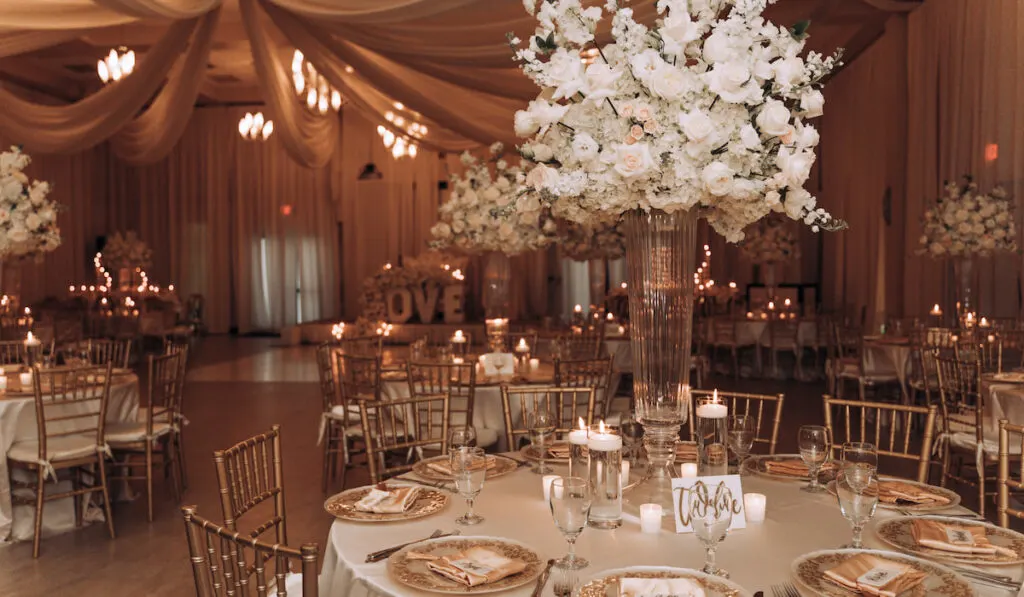 Elegant event decor and setting for wedding reception
