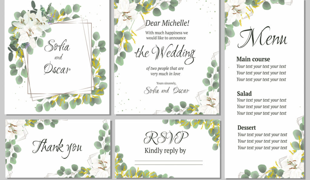 Floral theme wedding invitation with details of menu