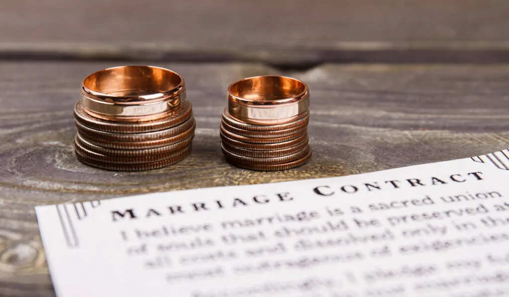 Two golden rings on the stacks of coins and a marriage contract paper