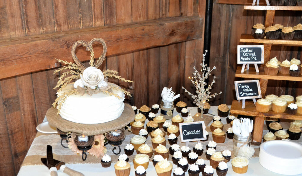 Wedding cake and cupcakes for a wedding reception