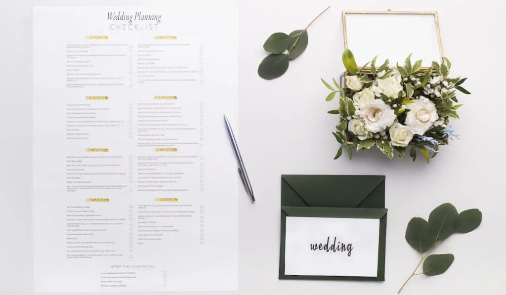 Wedding planning checklist with postcards on white background
