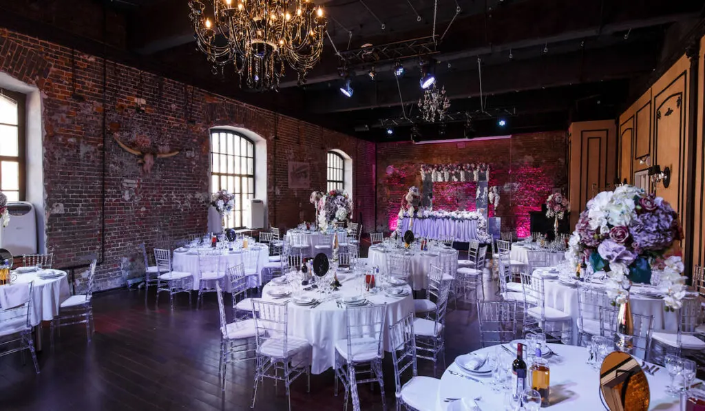 decorated warehouse for wedding reception