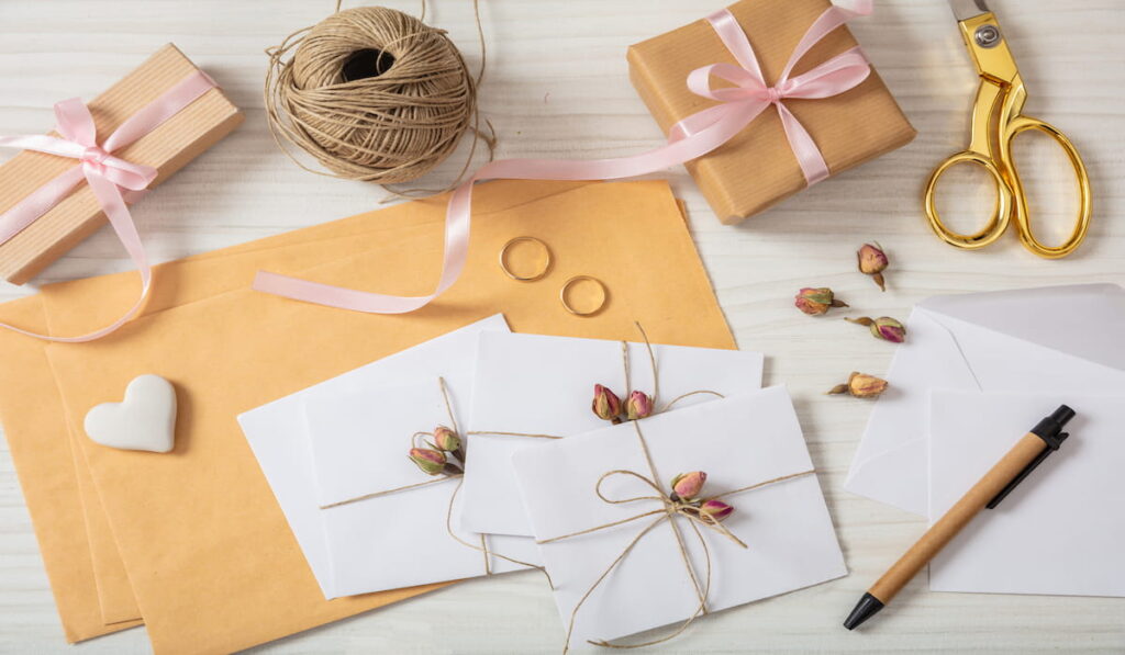 flat-lay-and-top-view-of-presents-and-wedding-invitation
