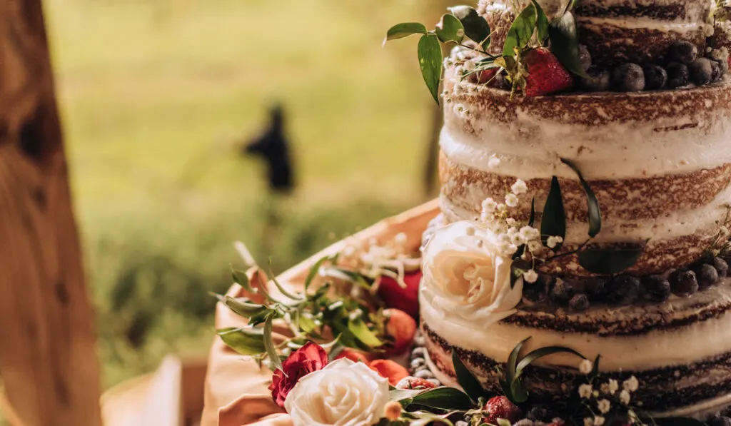 naked wedding cake decorated with flowers and fruits