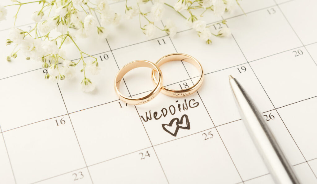 word wedding and wedding rings on calendar date