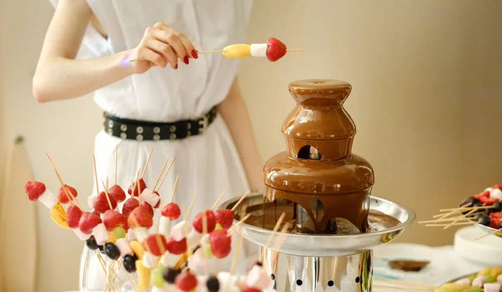 Fondue with a chocolate fountain and sweets on the table on wedding reception