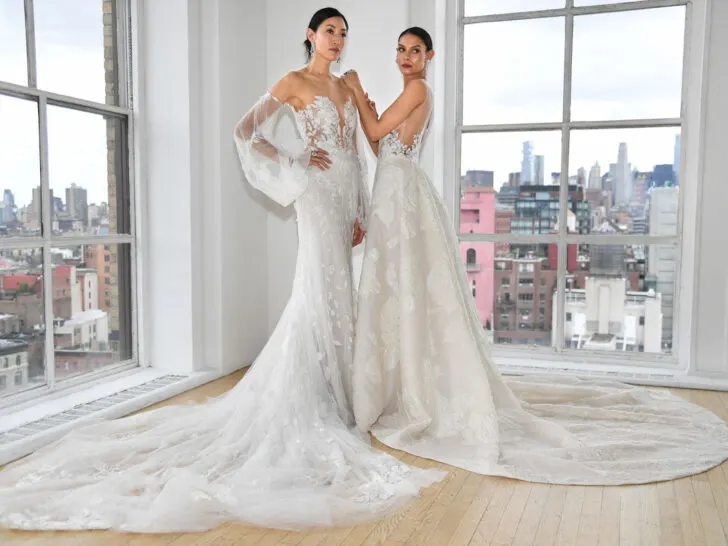 Two-Stylish-brides-posing-one-bride-with-Embellished-Sleeves-added-on-her-wedding-dress