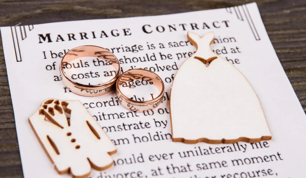 Two rings and marriage contract. Miniature wooden wedding dresses close-up.

