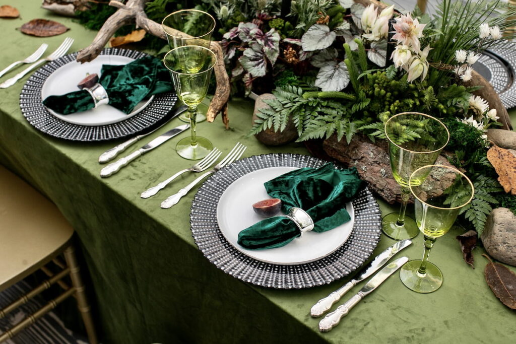 Beautiful laid table, decorated with forest theme