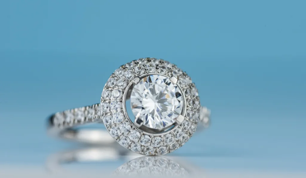 Closeup of double halo diamond engagement ring studio shot