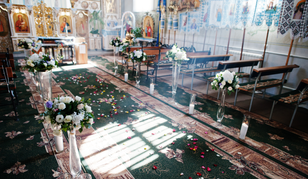 Lovely church decorated for the wedding ceremony