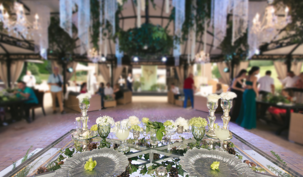 Beautiful wedding banquet hall decorated with flowers
