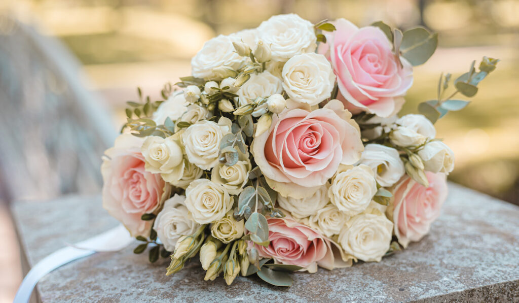 Bouquet of white and pink roses flowers for bridal bouquet