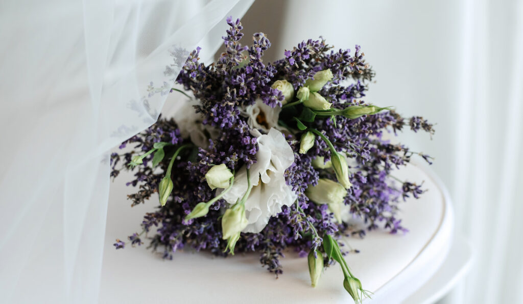Elegant wedding bouquet of fresh natural lavender flowers on white table