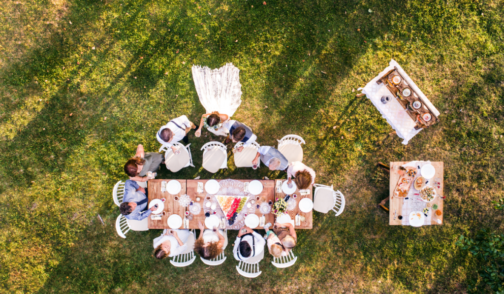 top view of a wedding reception table at the backyard.
