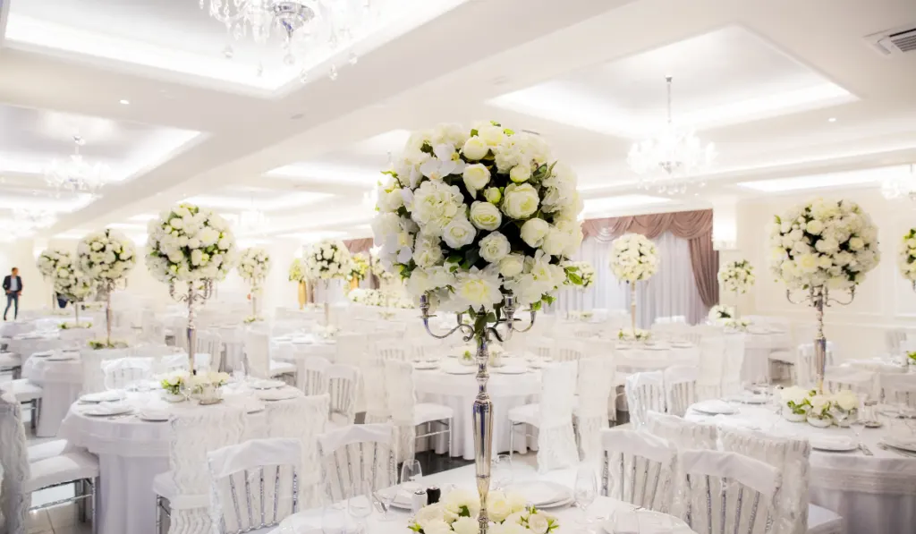 Beautifully decorated in white colours wedding hall
