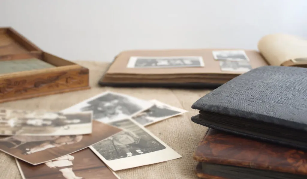 Vintage photo albums and black and white family photos