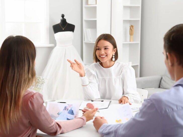 Female wedding planner referring and discussing about ceremony