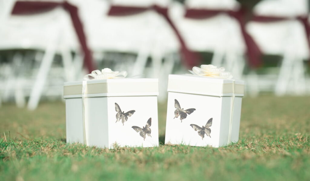 real white butterflies to be release on boxes at wedding ceremony