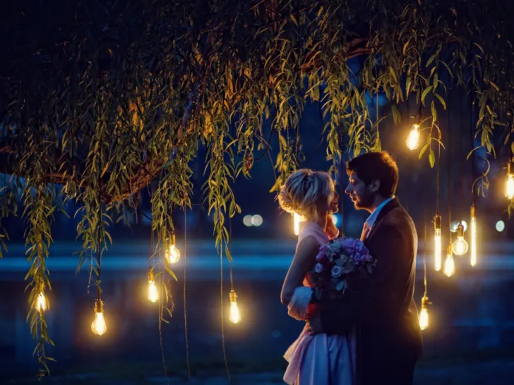 fairy night portrait of wedding couple with lights of edison lamps by blue lake under willow tree