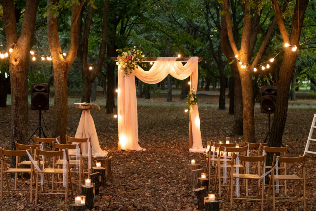 a dreamy wedding set up in the woods