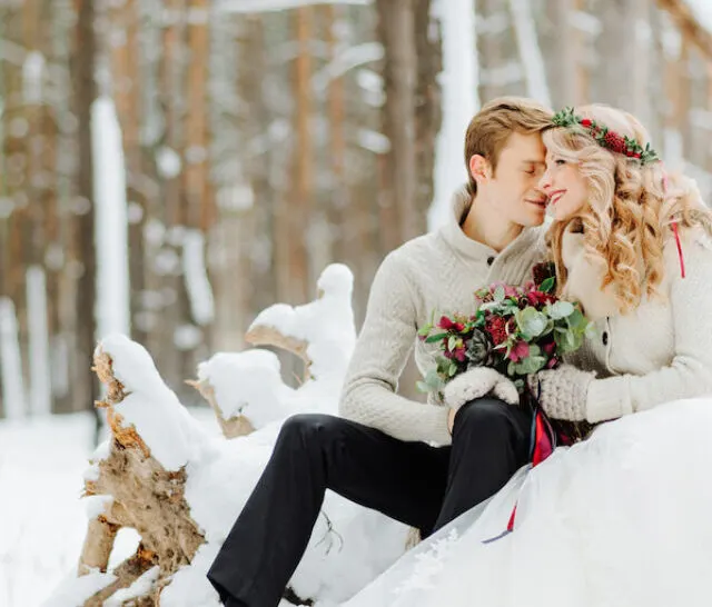 bride and groom enjoying the nature during winter wedding